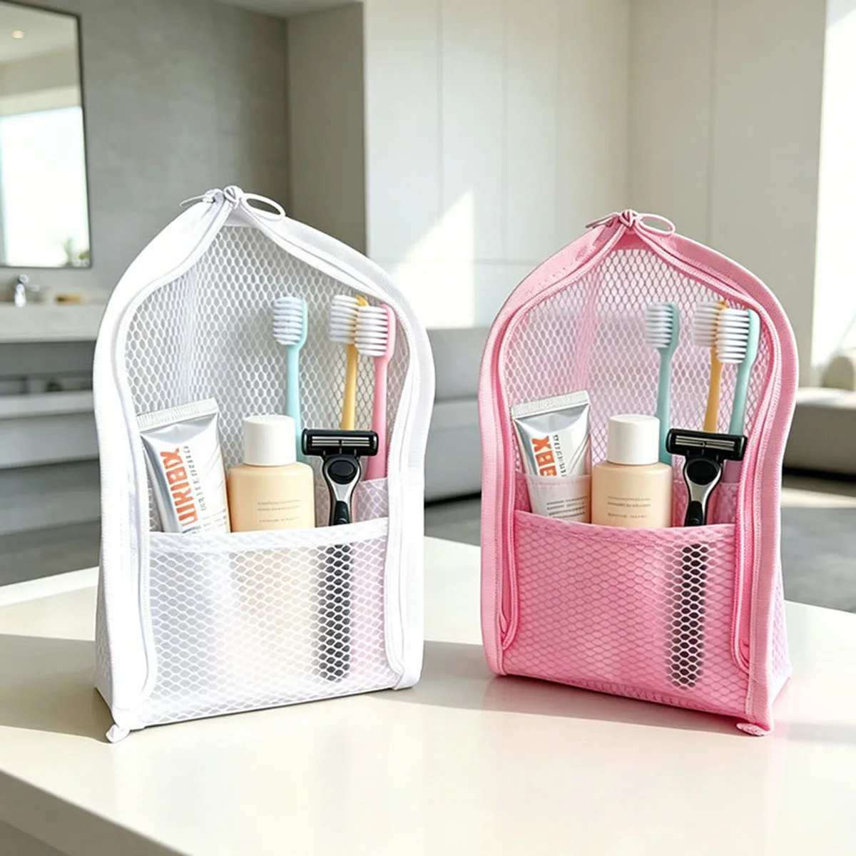 Travel Accessories Toiletries - 旅行用メッシュ製トイレタリーバッグ - 通気性・速乾性・防カビ性のある化粧品オーガナイザー（歯ブラシケース付き）