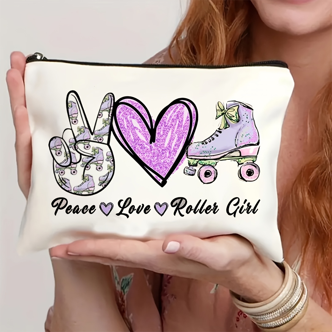 Travel Accessories Toiletries - 1個入り ピース、ラブ＆ローラースケートガール レトロデザイン 多機能トラベルメイクアップバッグ、スナック収納バッグ、文房具収納バッグ、ファッショントイレタリーバッグ、キャンバス両面プリントジッパーポーチ