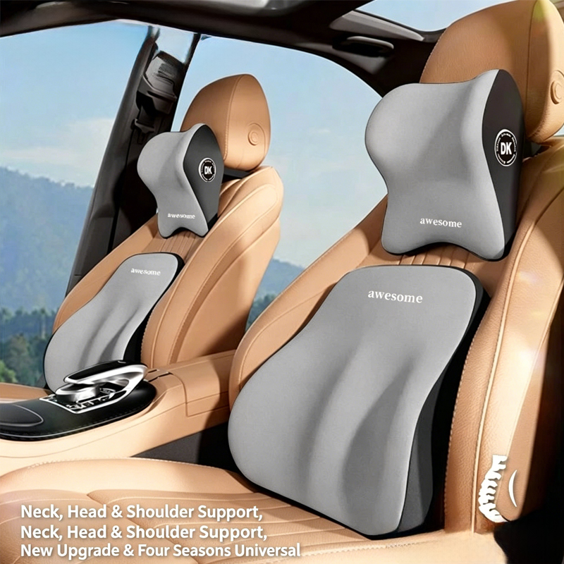 Neck Pillow Memory Foam - 車用ネックピロー＆ランバーサポートセット プレミアムメモリーフォームヘッドレスト 運転席用 人間工学に基づいた背中クッション 腰痛緩和