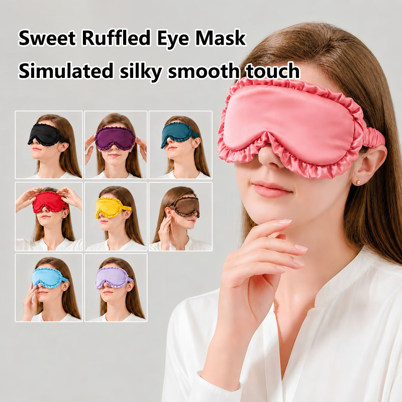 Travel Accessories Eye Mask - ファッションソリッドイミテーションシルクアイマスク、大きなフリル付きロータスエッジ、柔らかい遮光睡眠用アイマスク、旅行用、男性＆女性用