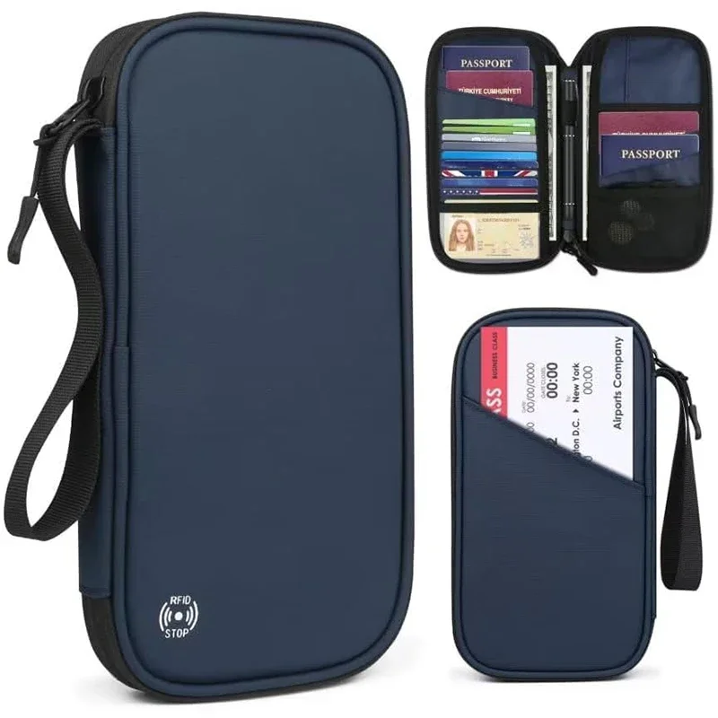 Travel Accessories Bag For Men - 軽量ファミリートラベルパスポートカバーウォレットジッパー付きオックスフォードドキュメントオーガナイザーバッグ、取り外し可能なリストストラップ付き、女性、男性用