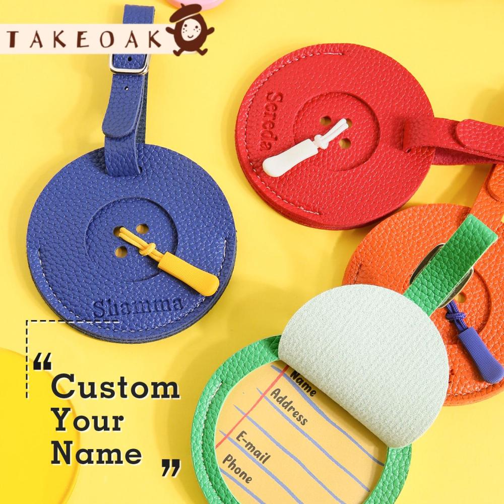 Travel Accessories Luggage Straps - パーソナライズされたエンボス加工のネームラゲージタグ、かわいい丸型ボタンデザイン、PUレザー製、調節可能なストラップ付きスーツケースタグ、トラベルアクセサリー