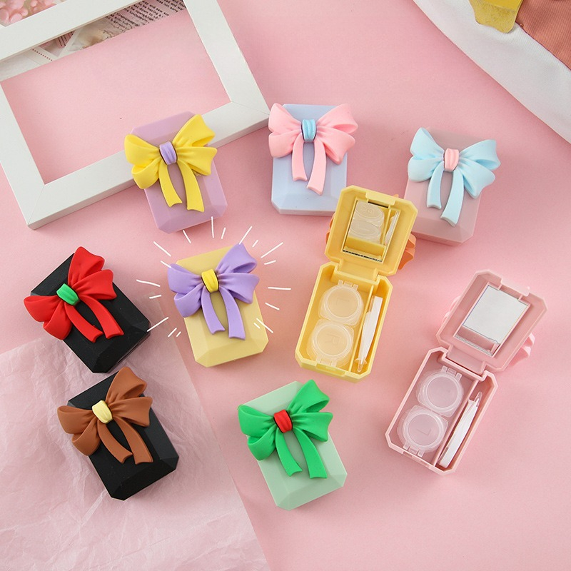 Travel Accessories Kit For Women - カラーボウコンタクトレンズケース ミラー付き かわいいアイケア コンタクトレンズコンテナボックス トラベルキット アイウェアアクセサリーオーガナイザー